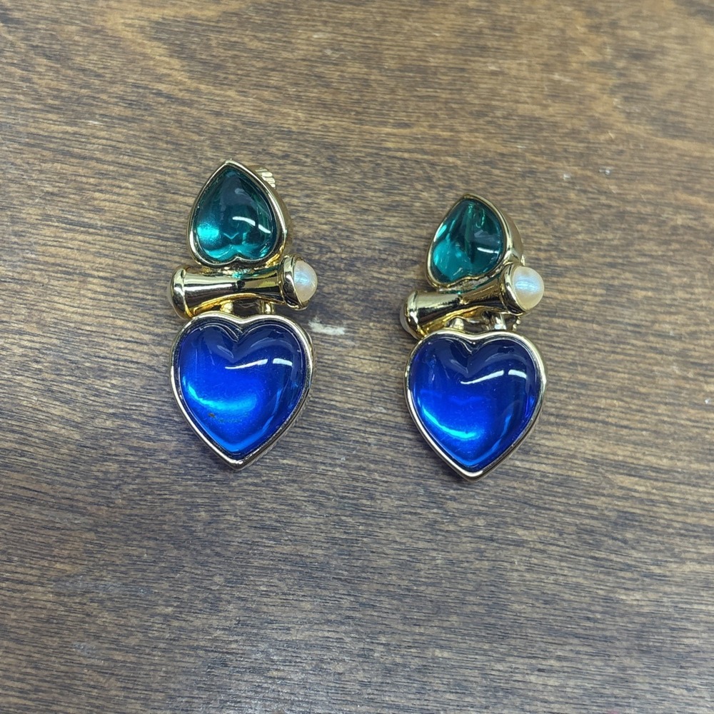 Joan Rivers Gold Tone Blue-Green Faux Pearl Drop Clip On Earrings